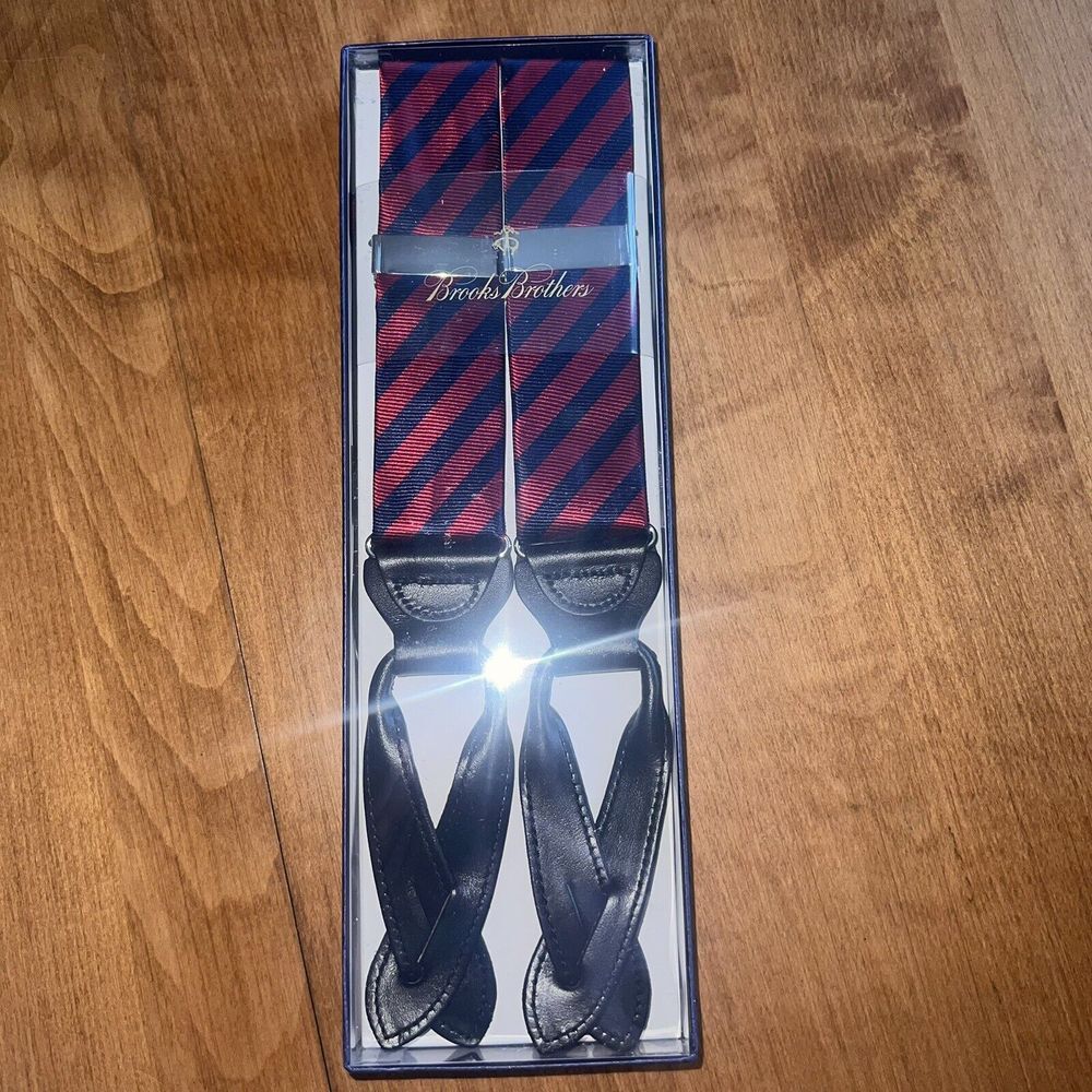 NEW Brooks Brothers Suspenders Braces Navy/Red Stripe Adjustable Y‎ Back Leather